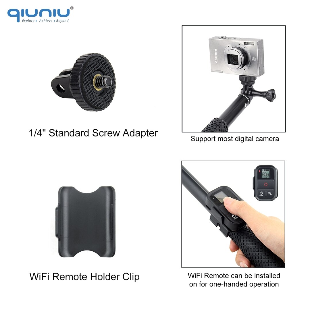 QIUNIU Erweiterbar Einbein Selfie Stock Handheld Pole mit Stativ Adapter Halterung für GoPro Held 8/7/6/ 5 für DJI Osmo Tasche Kamera
