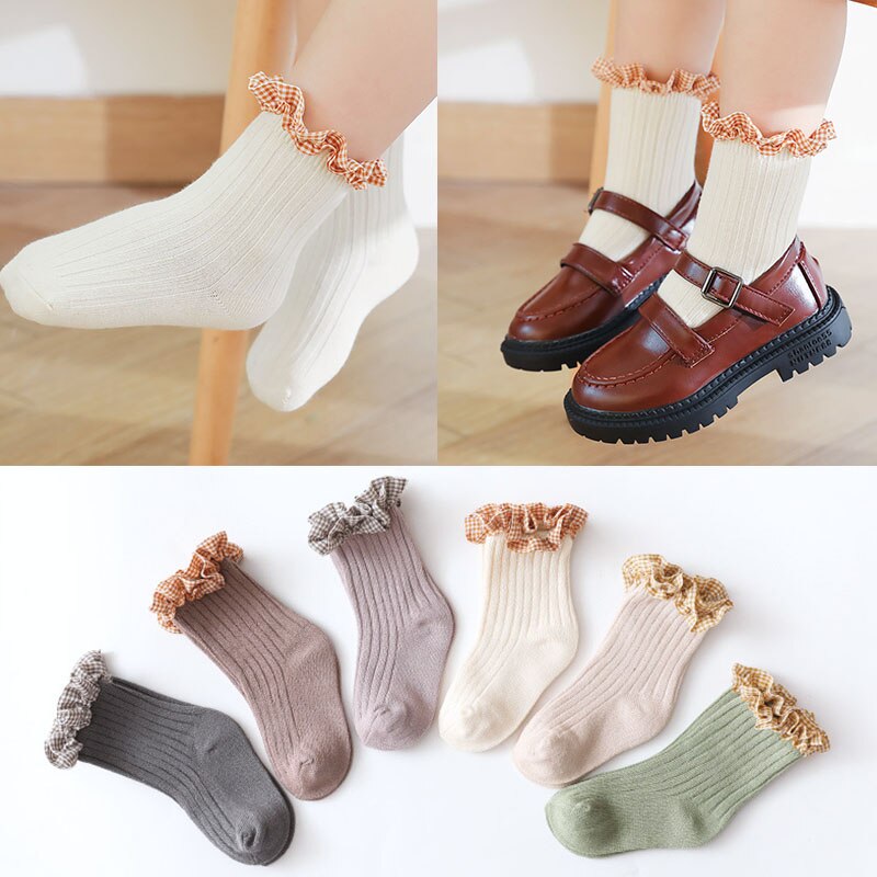 Leuke Lattice Gedrukt Baby Sokken Lente Herfst Zachte Baby Meisje Korte Sokken Voor Kinderen Kant Effen Kleur Kinderen Peuter Sokken