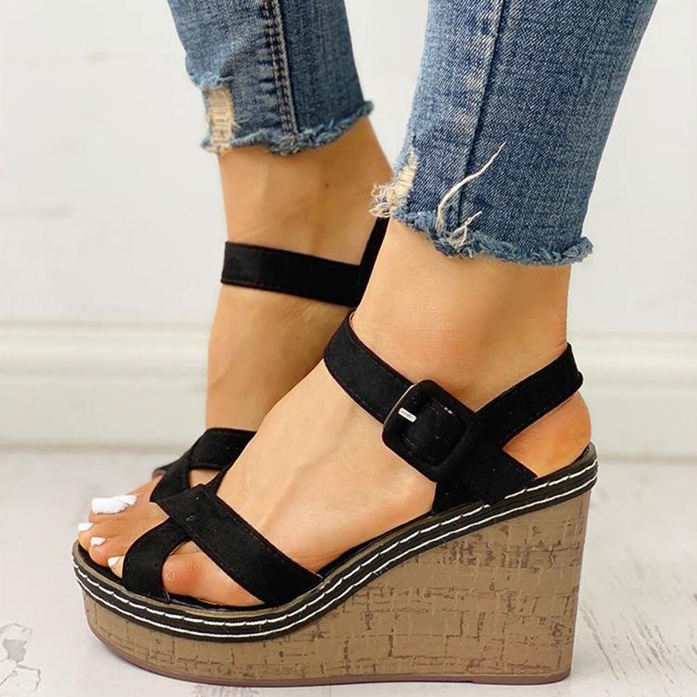 Sarairis Hoge Hakken Vrouwen Platform Enkel-Strap Leisure Zomer Wiggen Sandalen Vrouw Schoenen: Black / 6