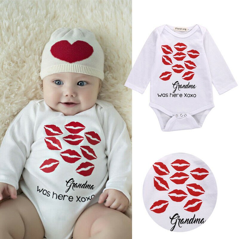 Baby dreng pige romper bedstemor var her nyfødt baby kys print babgyrows rød læbe tøj overalls forår tøj sæt: 18m