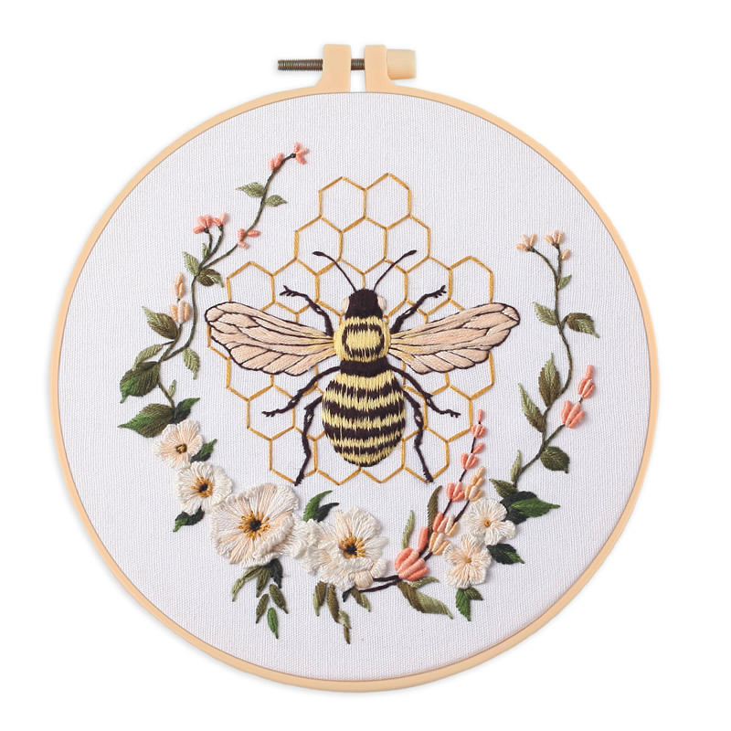 Borduurpakket met bijen en bloemen, geschikt voor beginners, met engelse instructies.: 20*20cm / Zwart