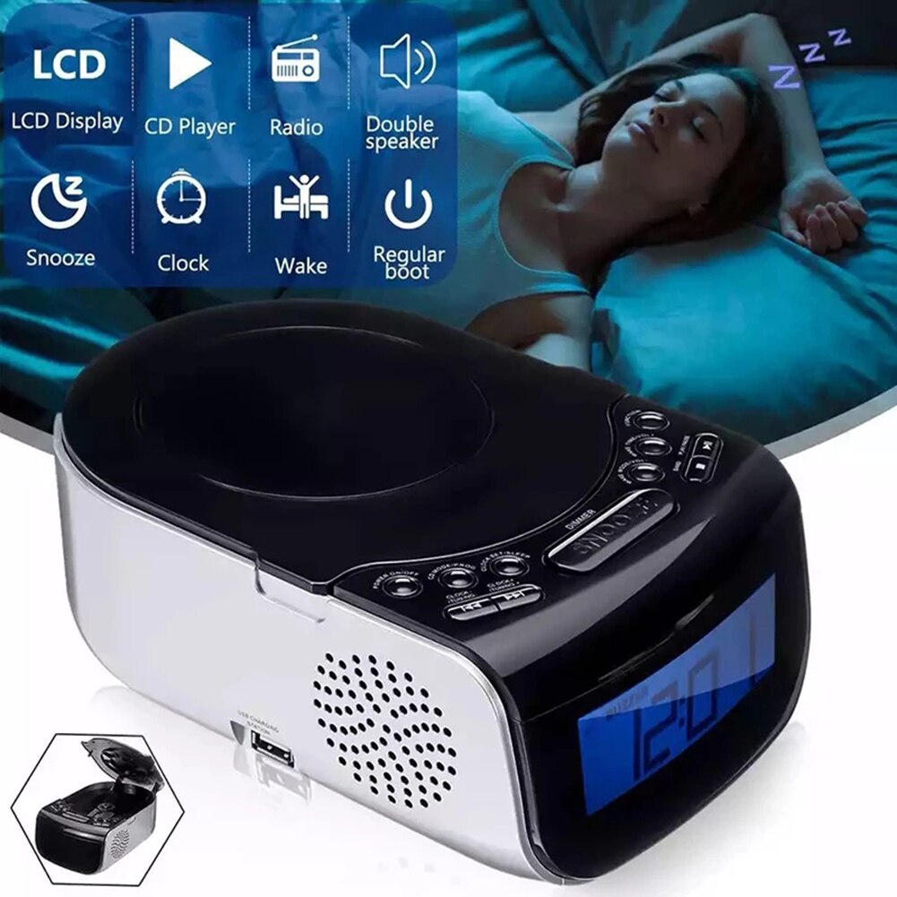 Portable Home Audio CD Player FM Radio Built-In HiFi Speakers With LCD Screen Display FM Radio Support Timing Boot & Alarm Clock