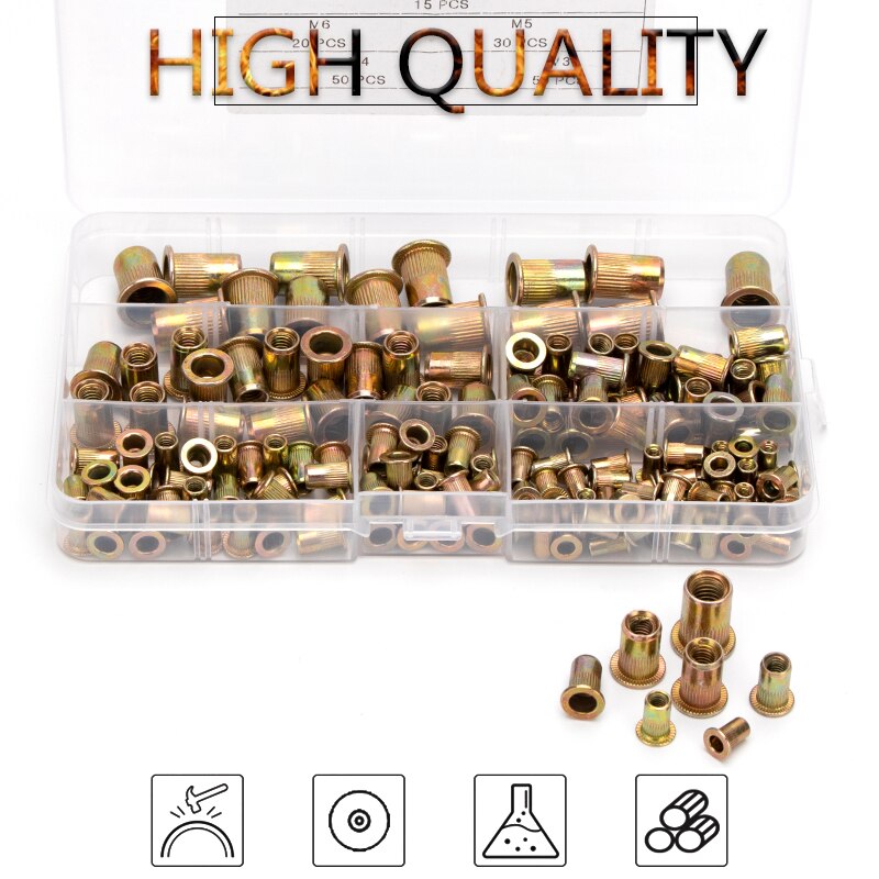 165pcs Zinc Rivet Nuts M3 M4 M5 M6 M8 Flat Head Knurled Zinc Alloy Rivet Nuts Set Multi Sizes Zinc Rivet-Nuts Assortment Kit