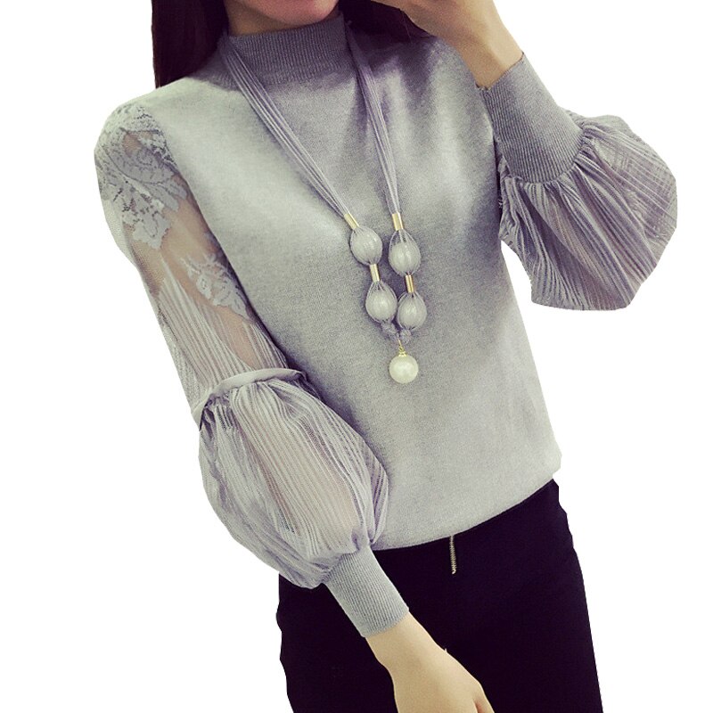 Lace Pullover Sweater Jumper Winter Lantern Sleeve Knitted Sweaters and Pullovers Women Pull Femme Free Necklace PZ033