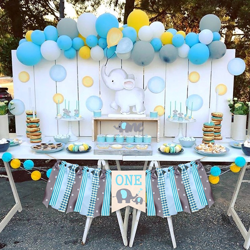 Blå babyelefant tema födelsedag dra flagga set fest dekoration leveranser layout banner duk koppar och tallrikar baby shower