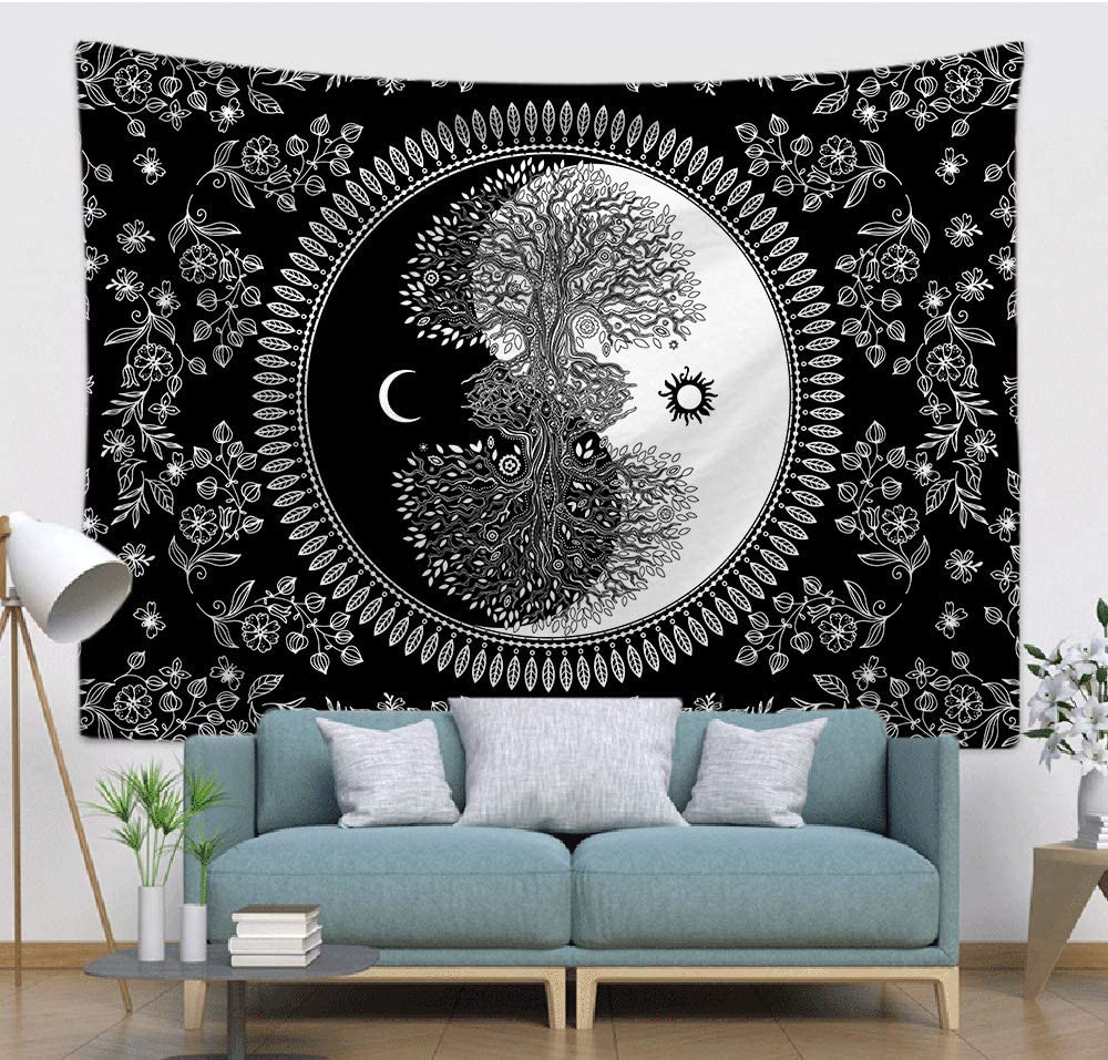 Tapiz colgante de pared de Luna solar Yin Yang, manta de decoración Hippie bohemia de árbol de la vida, blanco y negro, para sala de estar, dormitorio