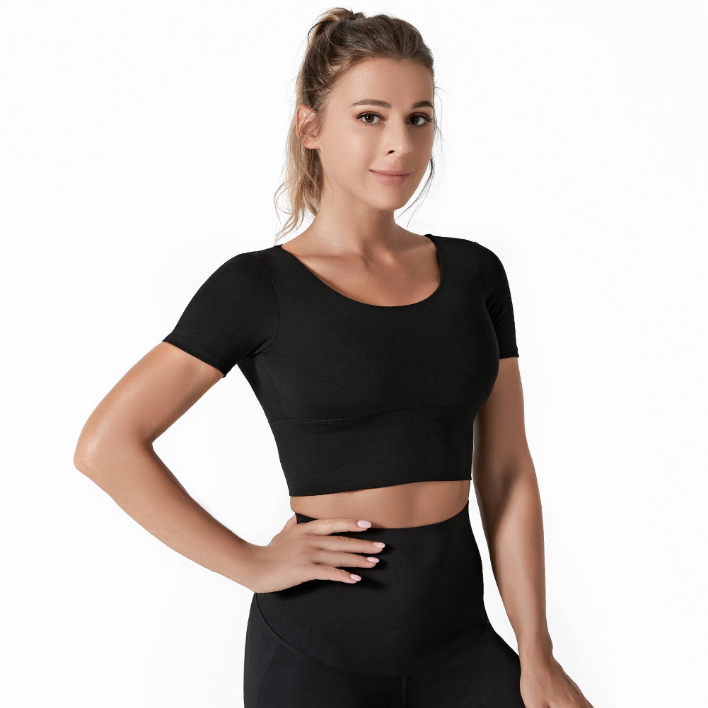 LEOSOXS Yoga Hemden trainieren offen zurück oben Langarm Ernte oben Frauen Frühling Herbst Fitnessstudio überqueren zurück Sport Shirt Kurzarm: M / Schwarz