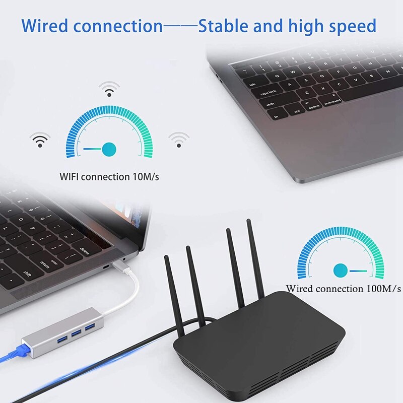 USB-C zu Ethernet Adapter mit 3 USB Hafen, typ C Hub mit RJ45 Ethernet Netzwerk MUltiport 4-in-1 (EINE, Silber)