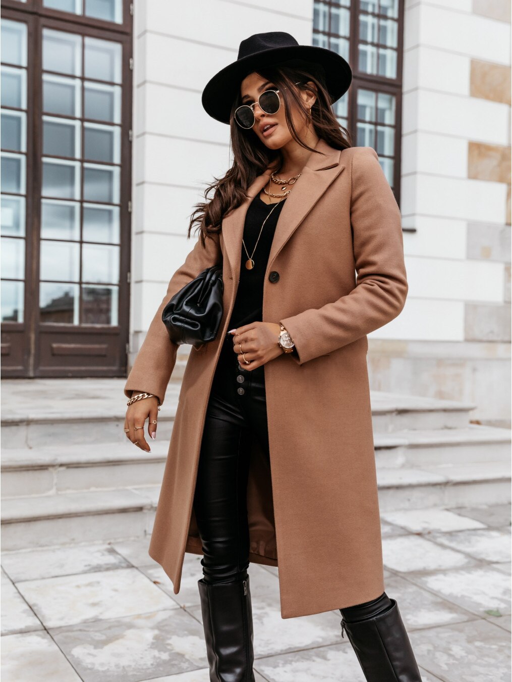 Generisch Wol trenchcoat klassieke winddichte mantel modieuze warme winterjas voor dames, dubbelzijdig, lange mouwen, donsjack met capuchon, warme winterjas, omslagkraag, gebreide jas, koffie, S