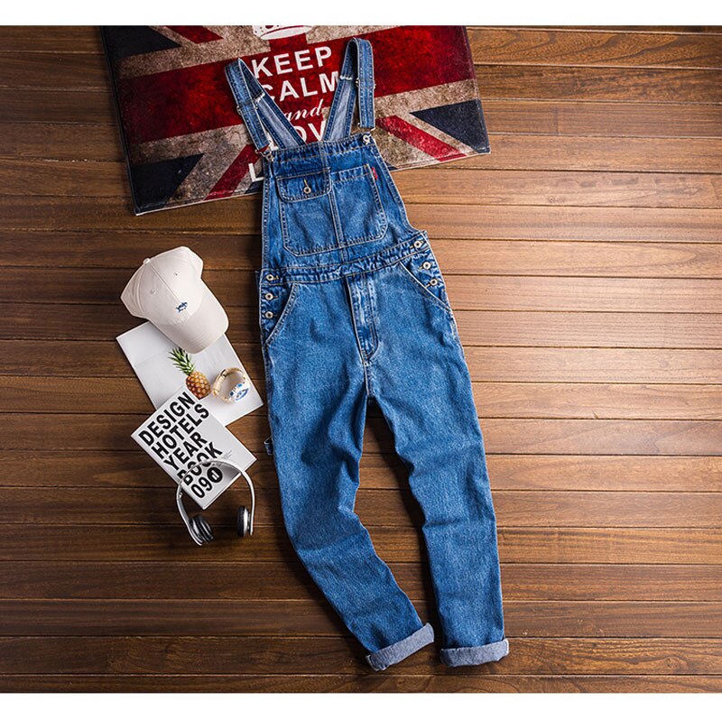 Mono vaquero azul americano para hombre, pantalones vaqueros rectos, pechera de Hip Hop con bolsillos grandes, pantalones Cargo: XXL