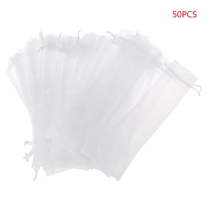 50 Pcs White Drawstring Organza Folding Hand Fan Pouch Party Wedding Bags