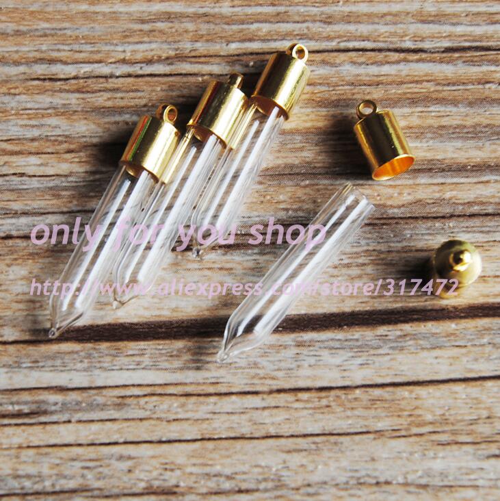 XCDIY 5set/lot 5mm inner diameter glass Vial Pendant gold metal cap DIY miniature glass vial pendant wish bottle: Gold-color