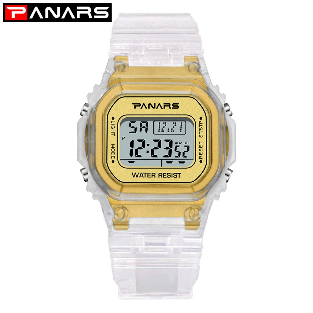 Panars Mode Dames Horloges Voor Vrouwen Led Digitale Sport Dames Horloge 50M Waterdichte Horloge Alarm Relogio Feminino: Transparent gold