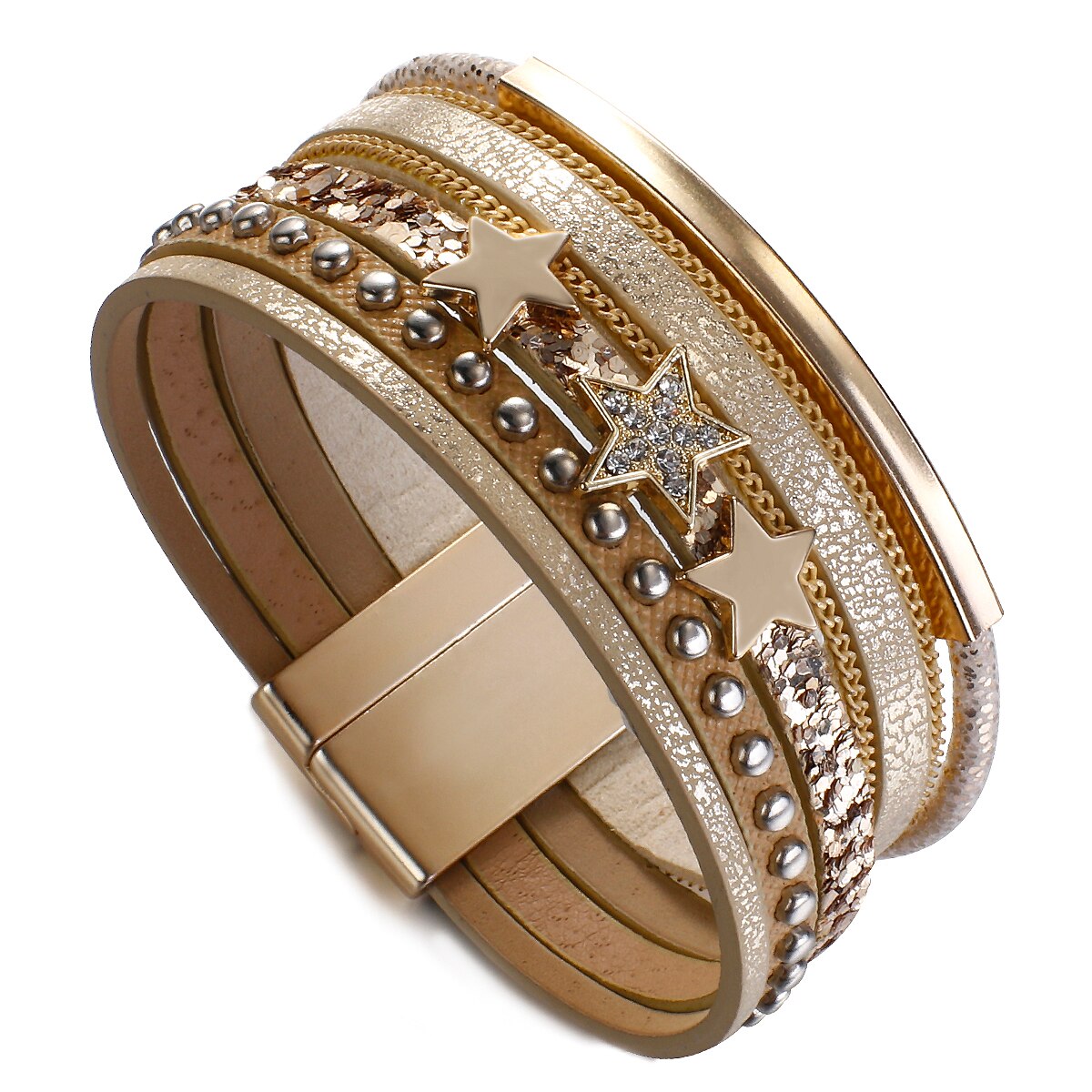 Flashbuy Trendy Gold Color Stars Leather Bracelet for Women Multilayer Wide Wrap Bangles Couple Jewelry: 1