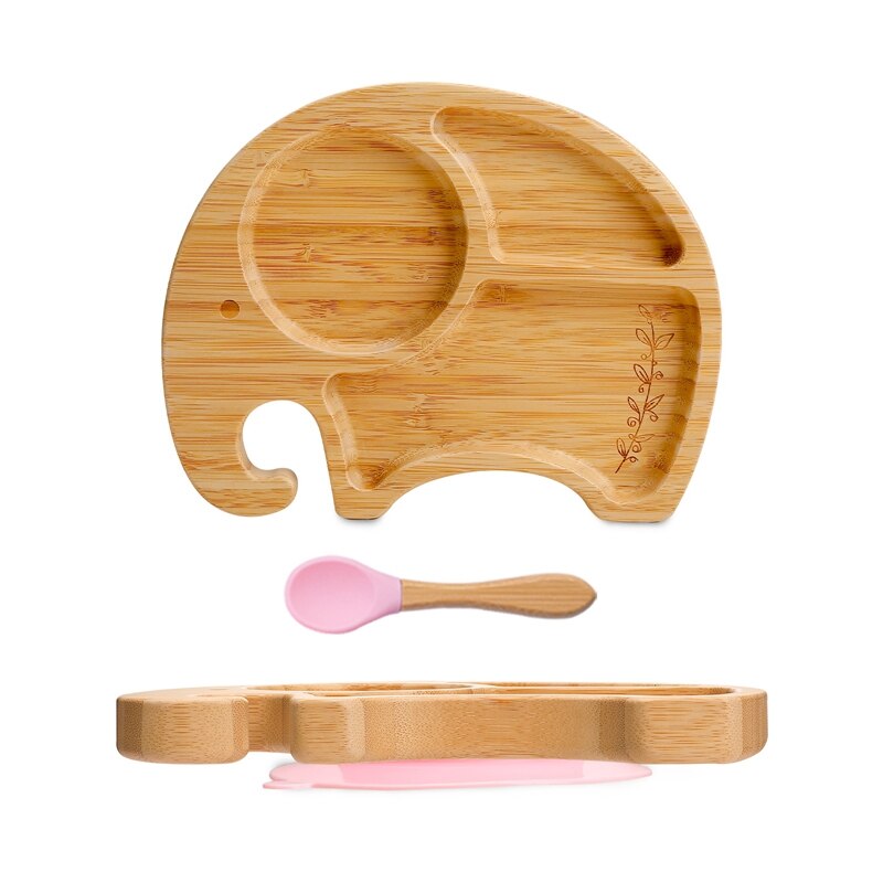 Vaisselle en bois de bambou, accessoires d&#39;alimentation pour bébé, assiette à dîner animaux de dessin animé éléphant avec ventouse, d&#39;anniversaire pour bébé 1 ensemble: pink