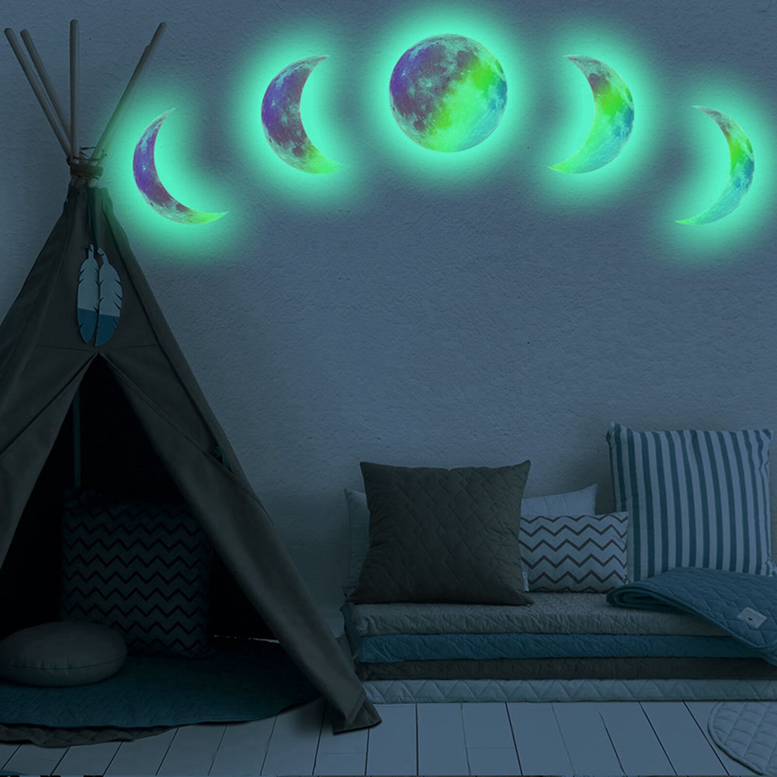 Glød i mørket klistermærker smukke månefase selvlysende aftagelige klæbende vægoverføringsbilleder til loft soveværelse stue mærkat: Grøn