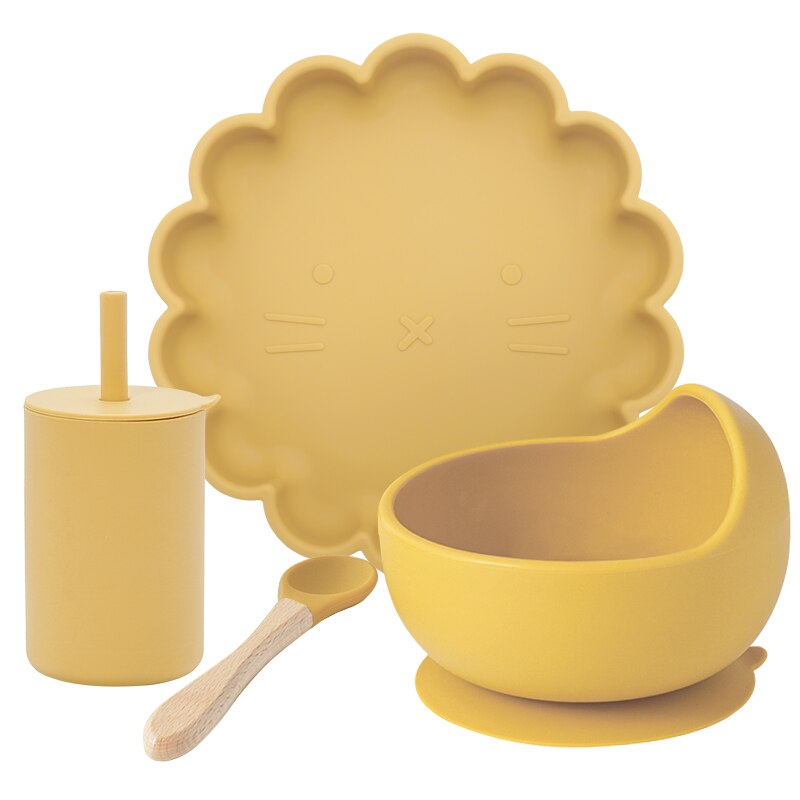 Juego de comida de entrenamiento para niños, cuenco de alimentación para bebé, plato de succión vajilla de silicona de grado alimenticio, taza de paja, artículos para bebé, 4 Uds.: 008A-mustard