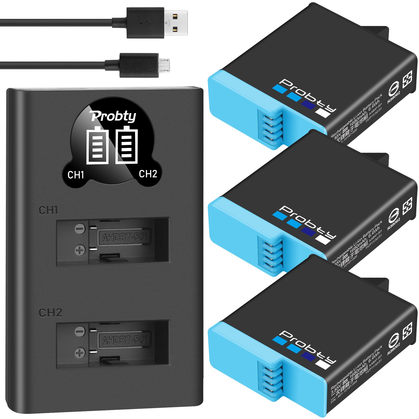 Original Probty Für Gopro Hero 8 3PACK Batterie 2 Slot Ladegerät Kit Lagerung Box Ladegerät für Gopro Hero 8 7 schwarz Hero 6: 3BatteryWithCharger