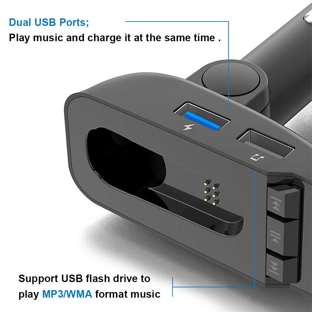 FM Transmitter Bluetooth V4.2 Handsfree Car Kit + Headset Earphone FM Modulator Adapter Aux Output Inout Support TF Card U-disk