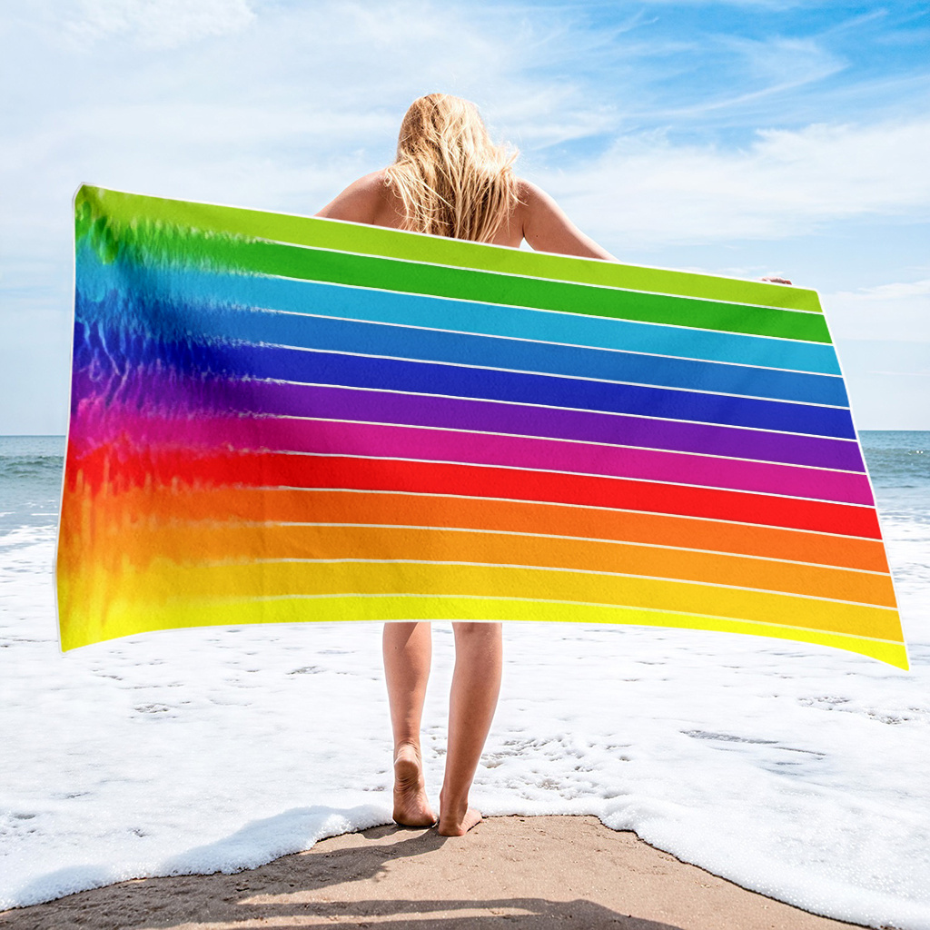 1pc schnelltrocknende strandtücher mit regenbogenstreifen, , 2d bedruckte polyestertücher, ganzjährig, unisex, geeignet für Strand/Camping/surfen, strandmatte