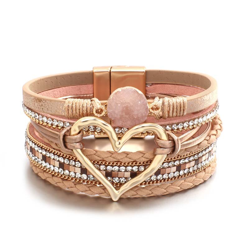 Amorcome-pulsera de cuero trenzado para mujer, brazalete con varias capas de piedras de resina, corazón hueco,: Khaki