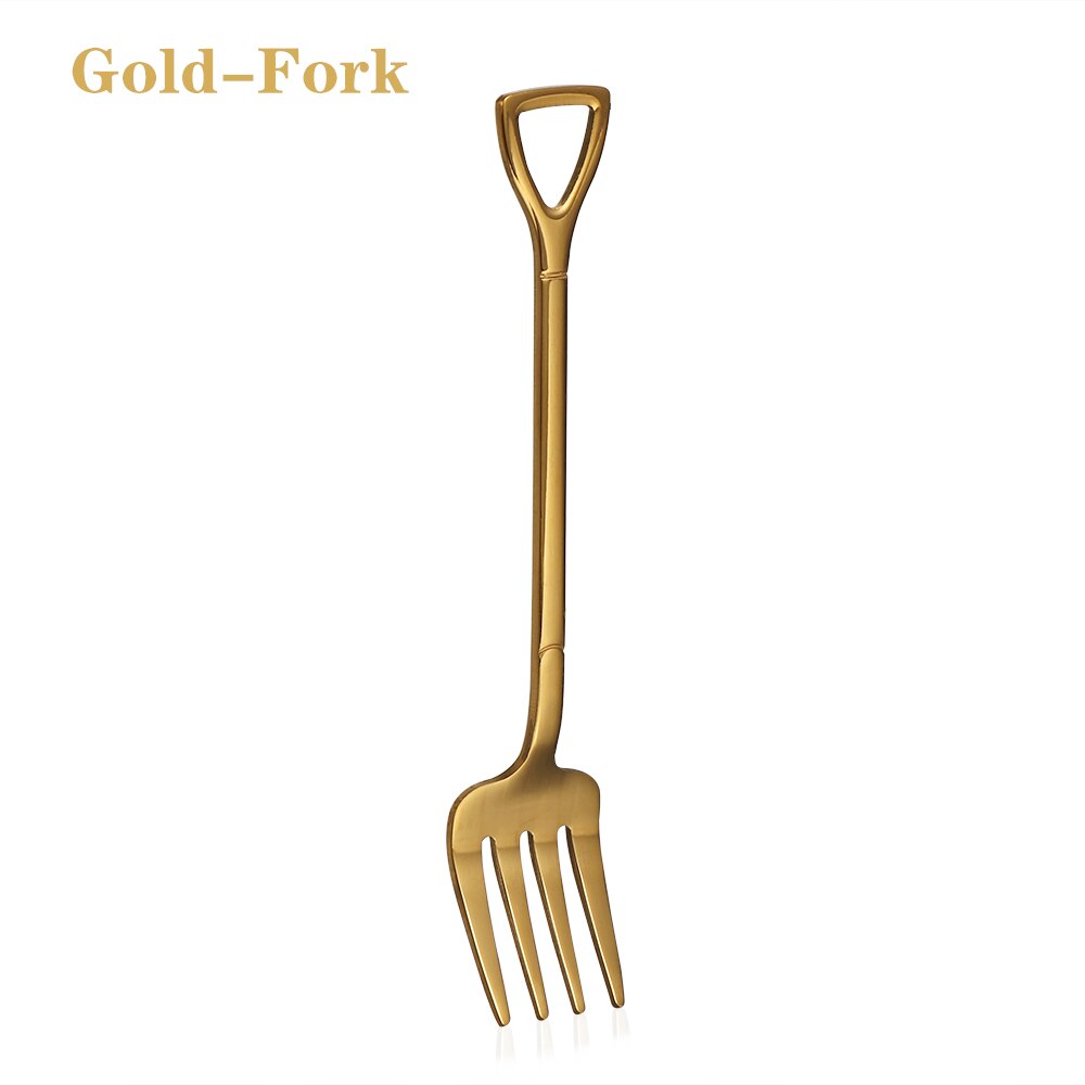 Shovel Shape Spoon Fork Long Handle Multi-color Soup Coffee Ice Cream Tea Spoon Stainless Steel 12.2*2.2cm For Home Kitchen Kids: Gold-Fork