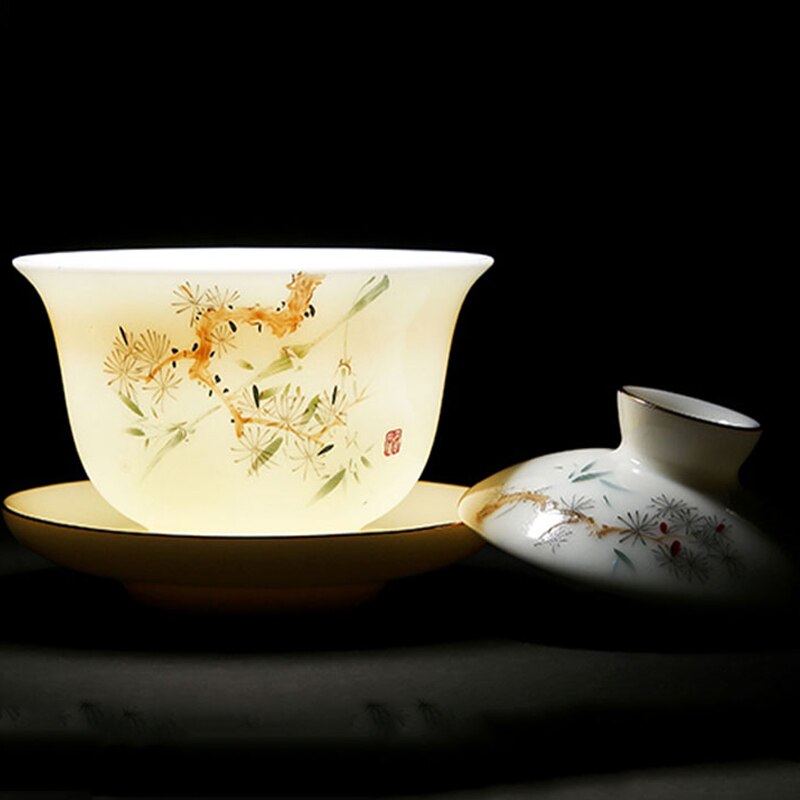 Hand Make Ceramic Tea Tureen White Porcelain Gaiwan Pine Cypress Tea Bowl Cup with Lid Cover Saucer Kit Teacup