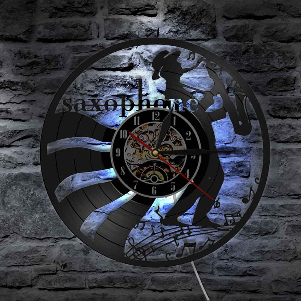 Jazz Saxofoon Vinyl Record Wandklok Muziekinstrument Led Wall Art Horloge Saxofonist Home Decor Sax Speler Muzikant