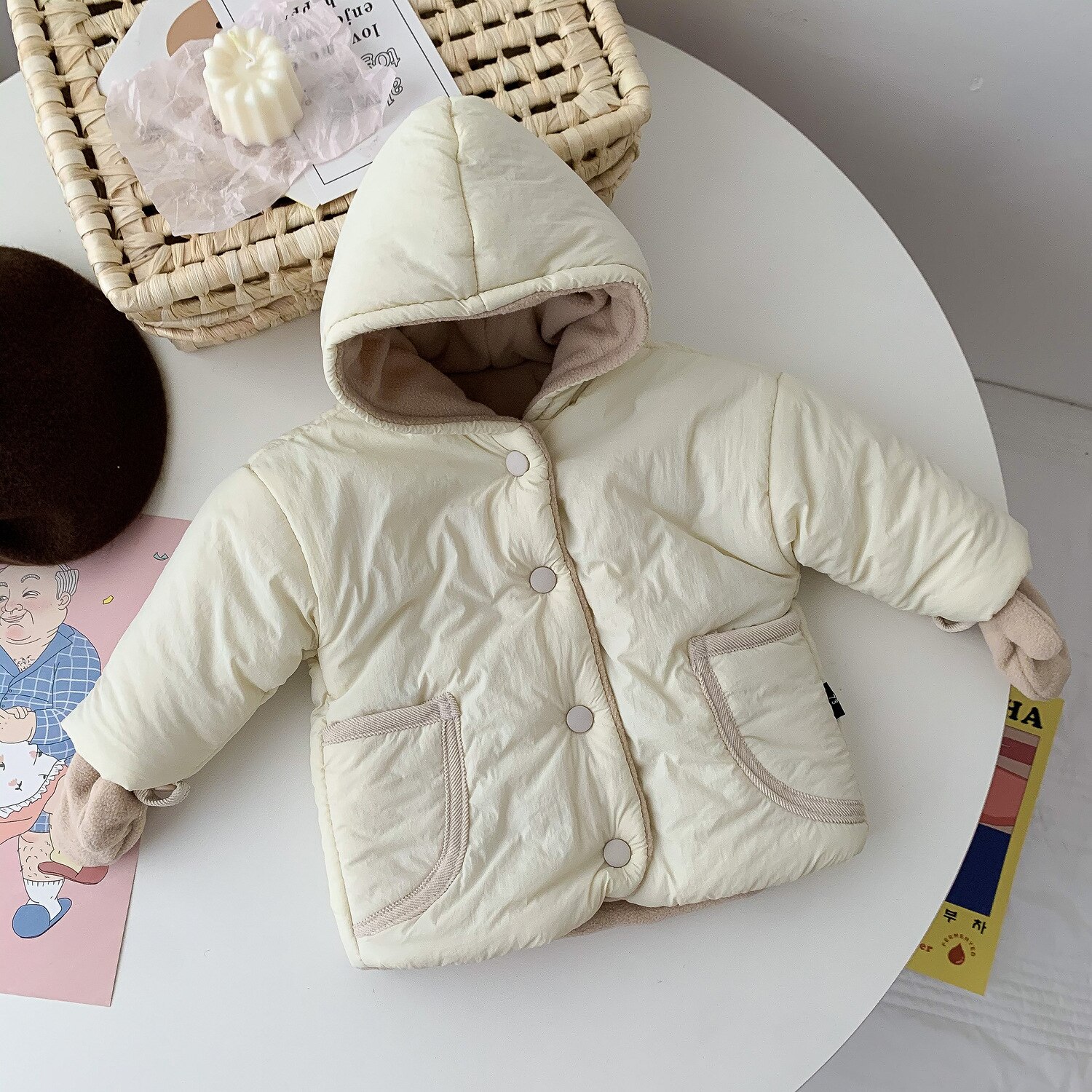 2021 inverno recém-nascido moda manter quente acolchoado jaqueta meninos meninas bonito cor sólida vestir em ambos os lados manga longa parkas: off white / 12M 80CM