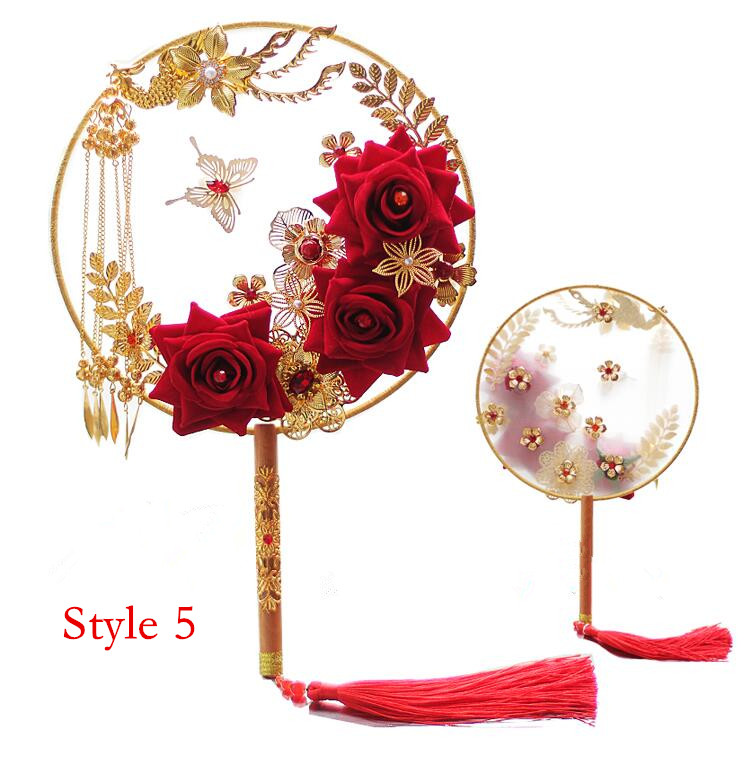 JaneVini Luxe Gouden Bloemen Fan Ronde Rode Roos Kunstmatige Bruidsboeket Chinese Stijl Parel Kralen Wedding Boeket Bruid Fans: Style 5