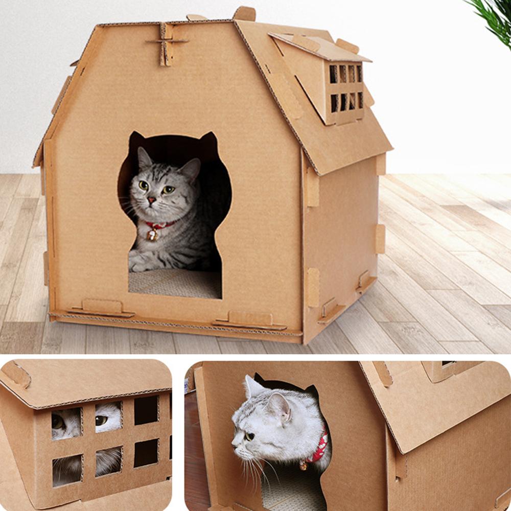 Tools Cat House Carton Box DIY Scratch Board Pet Kitten Have Small Window Indoor Self Assembly Corrugated Paper Toys Supplies