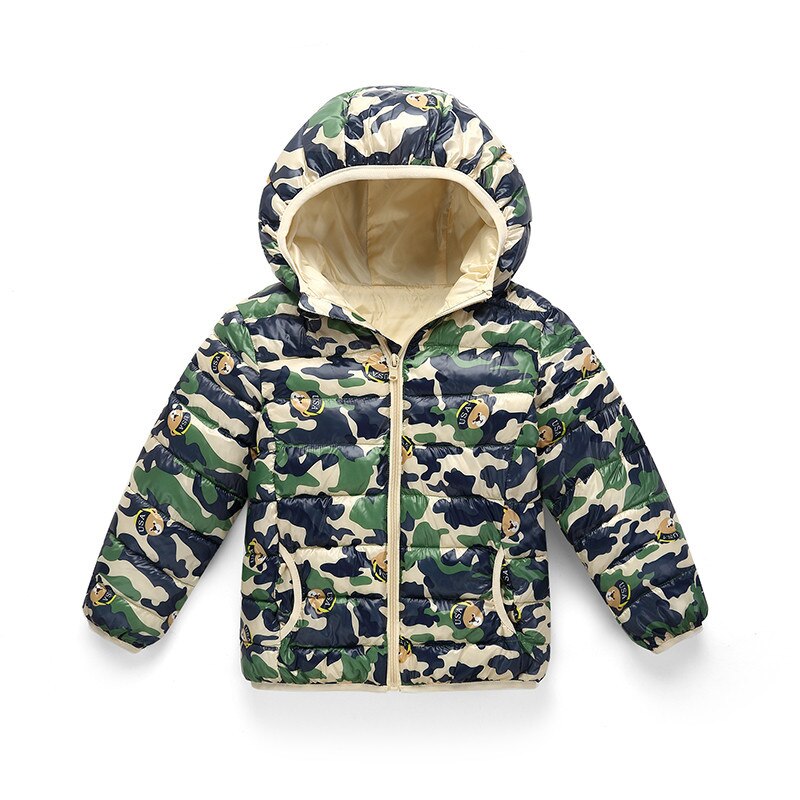 Veste en duvet de coton pour enfants, automne et hiver, manteau à capuche fin de Camouflage pour garçons et filles, vêtements d'extérieur Ultra légers avec fermeture éclair