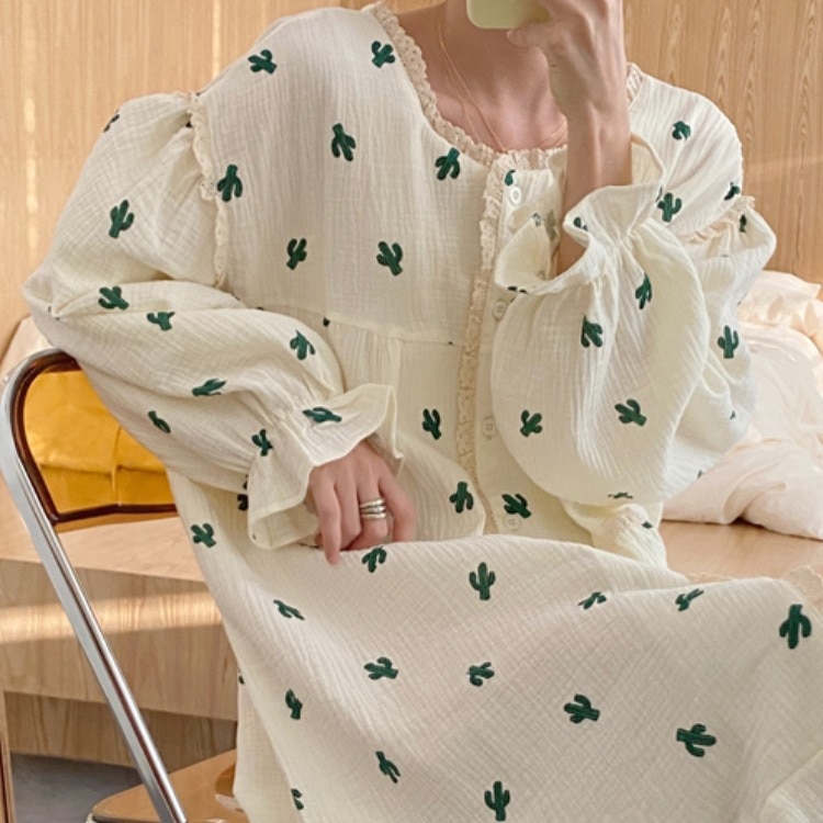 Women's Dress Sleepwear Cactus Pattern Long Sleeve Lace Home Wear Spring/Autumn Nightgown