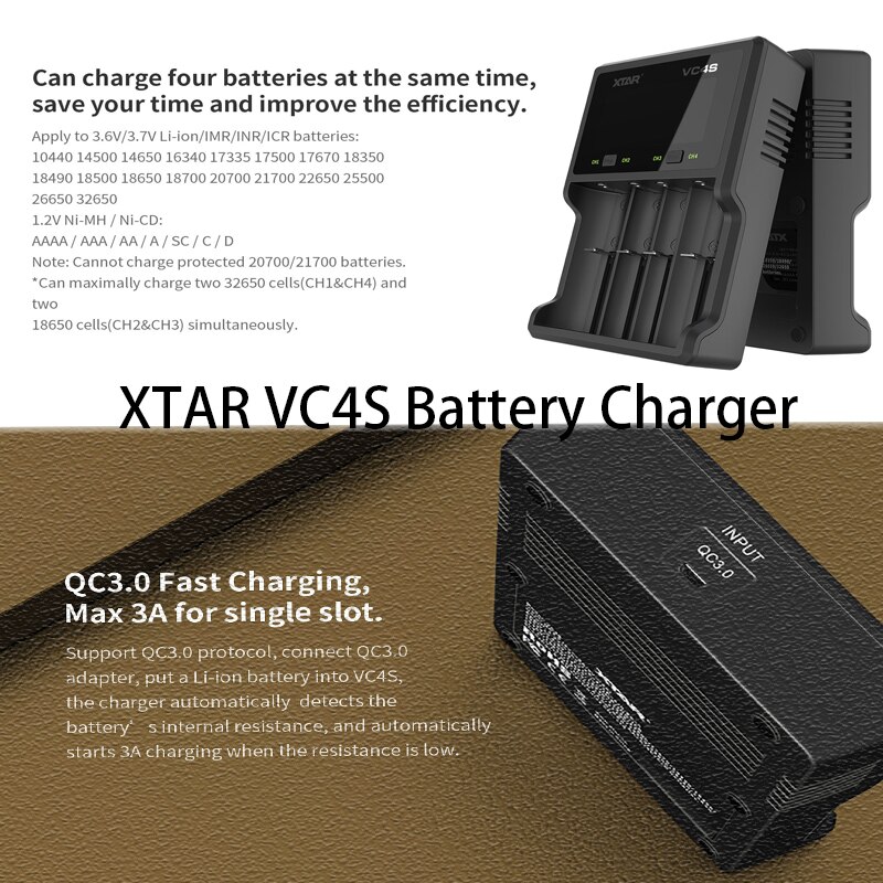 XTAR Batery Charger VC8 VC4 VC4S USB Charger Charging AAA AA Rechargeable Li-ion Batteries 10400-26650 20700 21700 18650 Charger