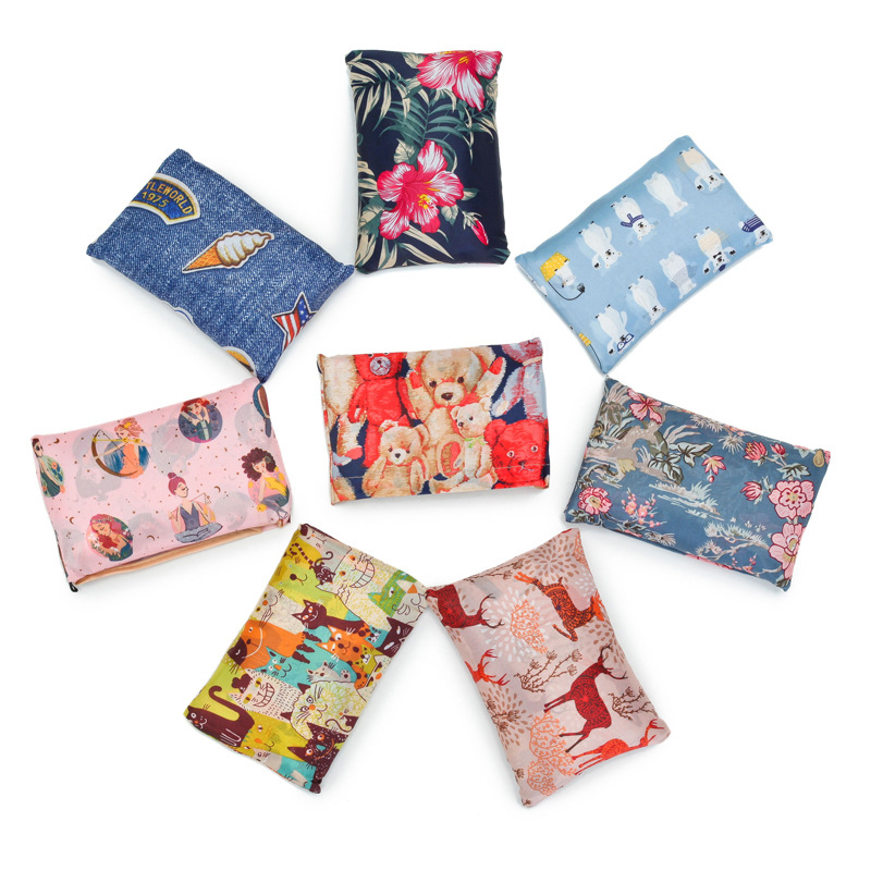 Pocket Tote Women Bag Eco-Friendly Folding Shopping Bag Reusable Portable Shoulder Handbag for Travel Supermarket