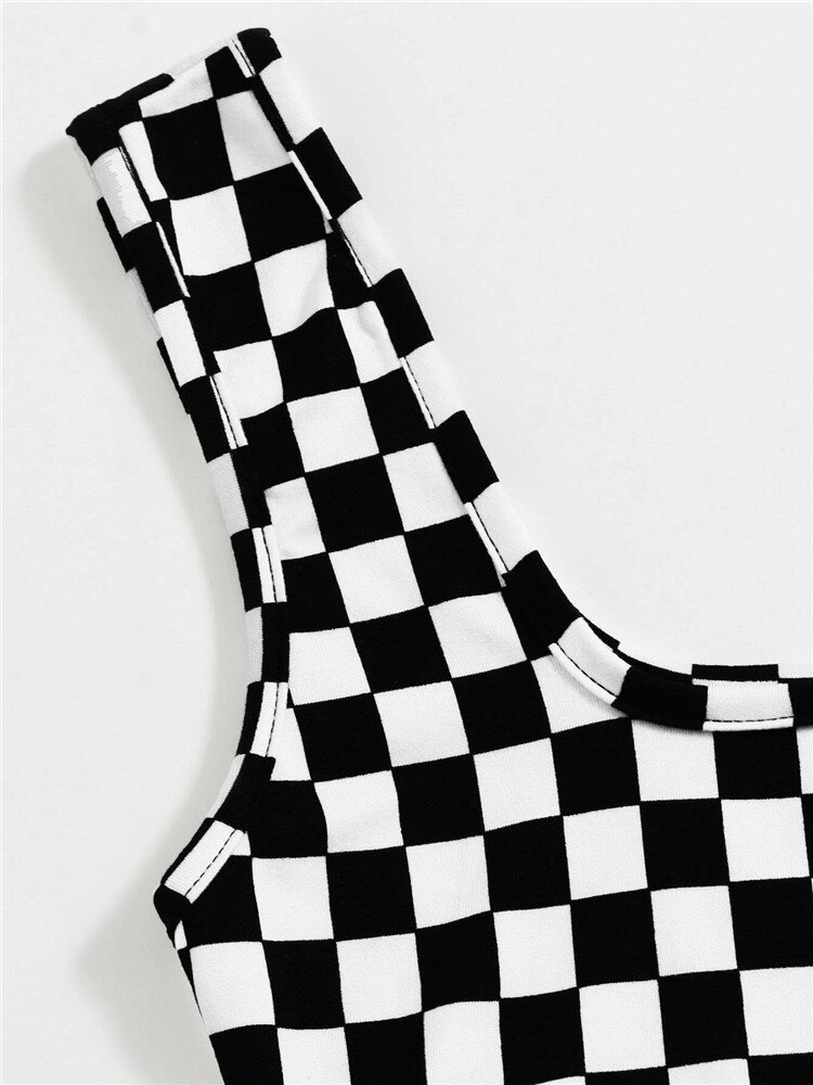 Y2K Dambord Plaid Patroon Crop Top Vrouwen Streetwear Zomer Bodycon Tank Top Shirts Zwart En Witte Kleur Blok Clubwear