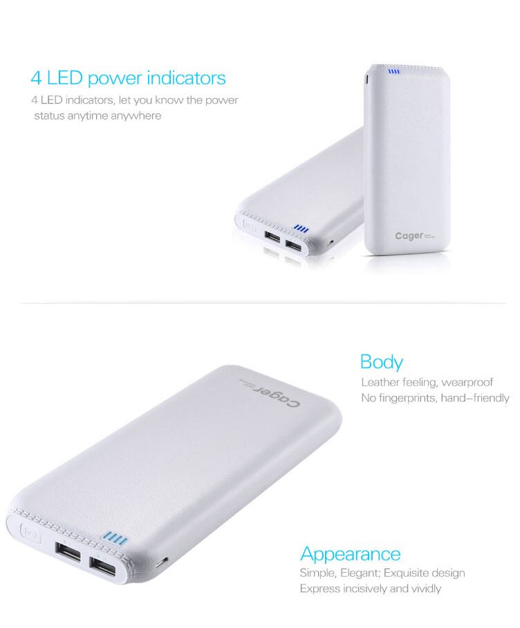 Cager Power Bank 20000mAh B20000 Dual USB Output LED Portable Fast Charging Powerbank Poverbank External Battery Charger