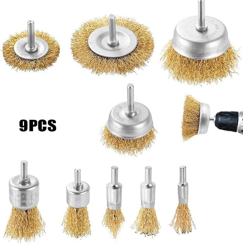 1/4-Inch Angle Grinder Wire Drill Brush Set Cleaning Brass Coated Metal Brush Wheel Set for Grinder/Removal Rust/Corrosion: 9 pcs