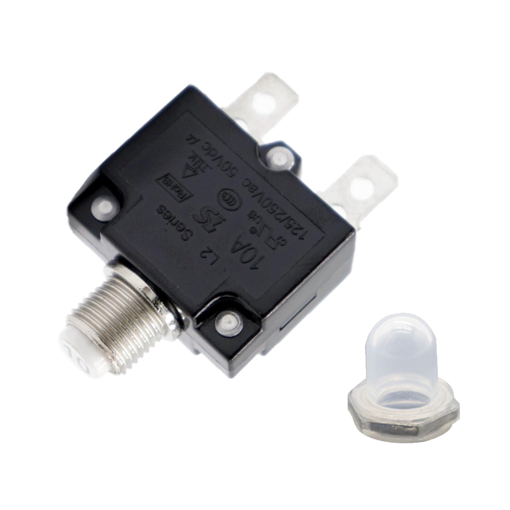 10 Amp Push Button Circuit Breaker 50V DC or 250V AC, Mounts in 3/8 inch (10 mm) Round Hole, Transparent Button Cap