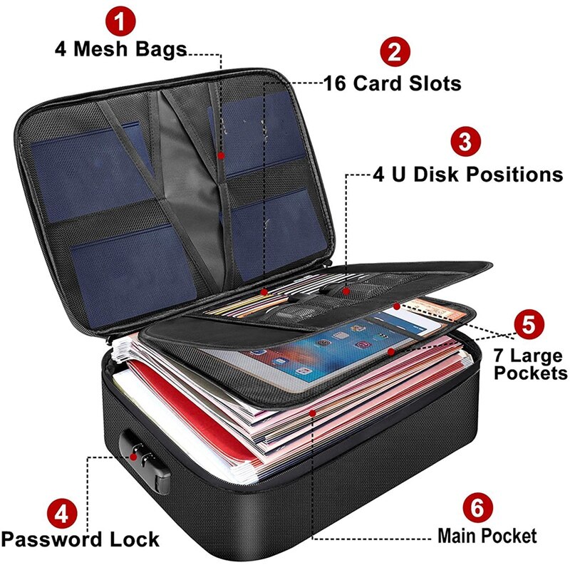 Document Bag with Lock, Fireproof 3-Layer with Zipper for Laptops