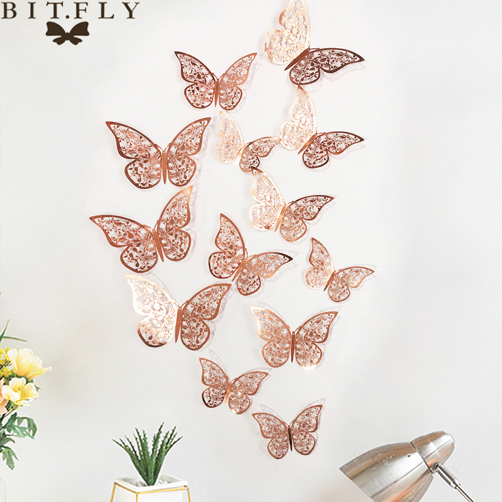 ¡Oferta! 12 unids/set de pegatinas de pared 3D mariposa hueca para decoración de la pared del hogar de las habitaciones de los niños DIY mariposas nevera adhesivos decoración de dormitorio: 9