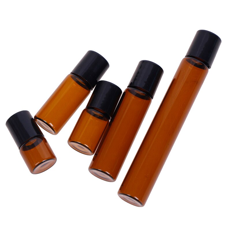Botella de vidrio ámbar Roll On Roller, viales marrones de aceite esencial, botella de prueba de muestra con bola de Metal, 1ml, 2ml, 3ml, 5ml, 10ml, 5 unids/paquete