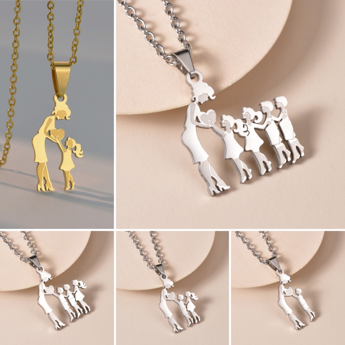Mothers and Children Family Stainless Steel Necklaces Silver Color Multiples Kids Pendant Necklace Jewelry Mother's Day