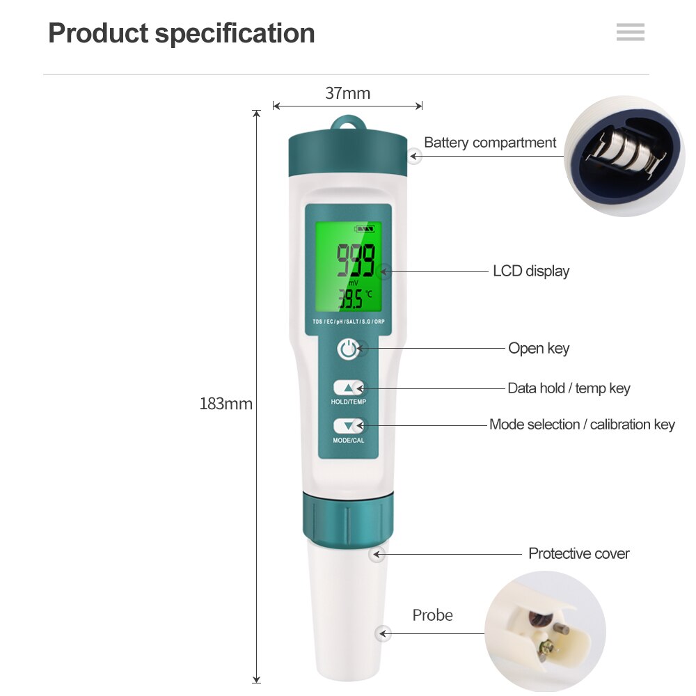 7 in 1 PH TDS EC ORP Salinity S.G TEMP Meter Digital PH Tester C-600 Water Tester for Drinking Water Aquariums PH Meter