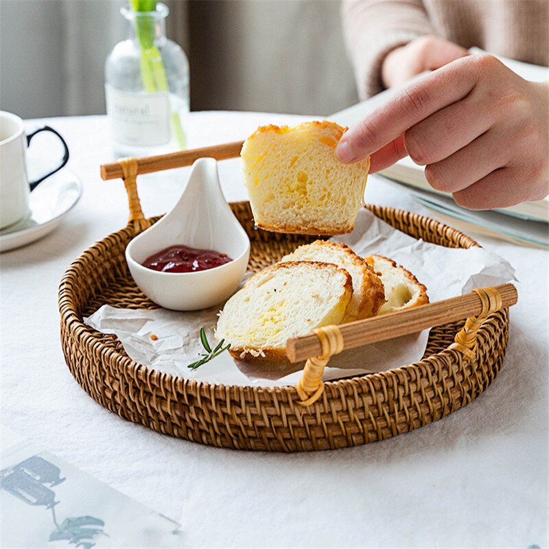 Woven Shell Rattan Storage Tray Snack Fruit Service Tray Bread Tea Storage Basket Sundries Organizer Desktop Decor Plate Kitchen