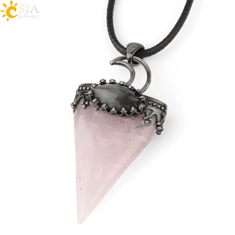 CSJA Natural Stone Triangle Pendant Necklace Antique Silver-color Crown Moon Labradorite Geometric Women Men Trendy Jewelry G324: Rose Quartz Chain