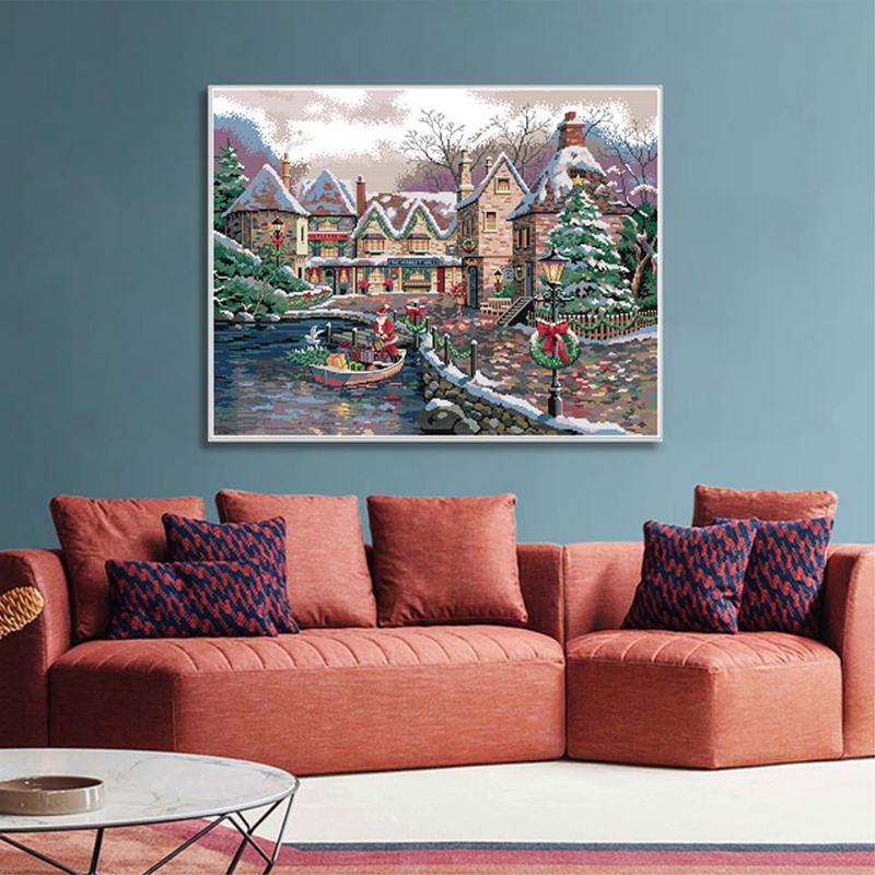 Cross Stitch Stamped Kits 14CT Printed Embroidery Cloth Needlepoint Kits Easy Patterns for Christmas Town