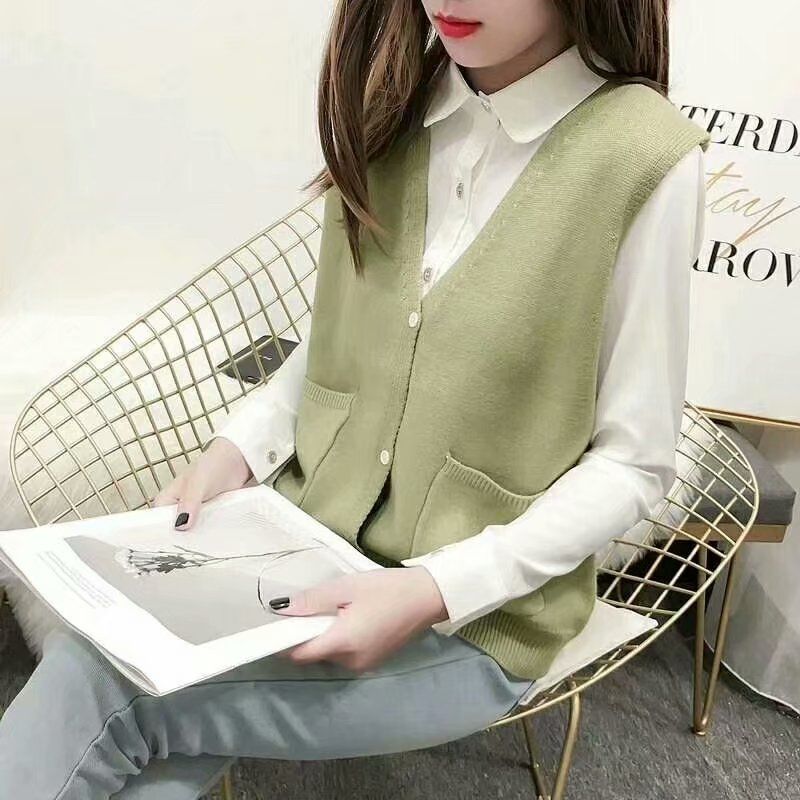 Sweater vest dame lomme solid enkel koreansk strikket åben sting all-match preppy stil løs v-hals ærmeløs