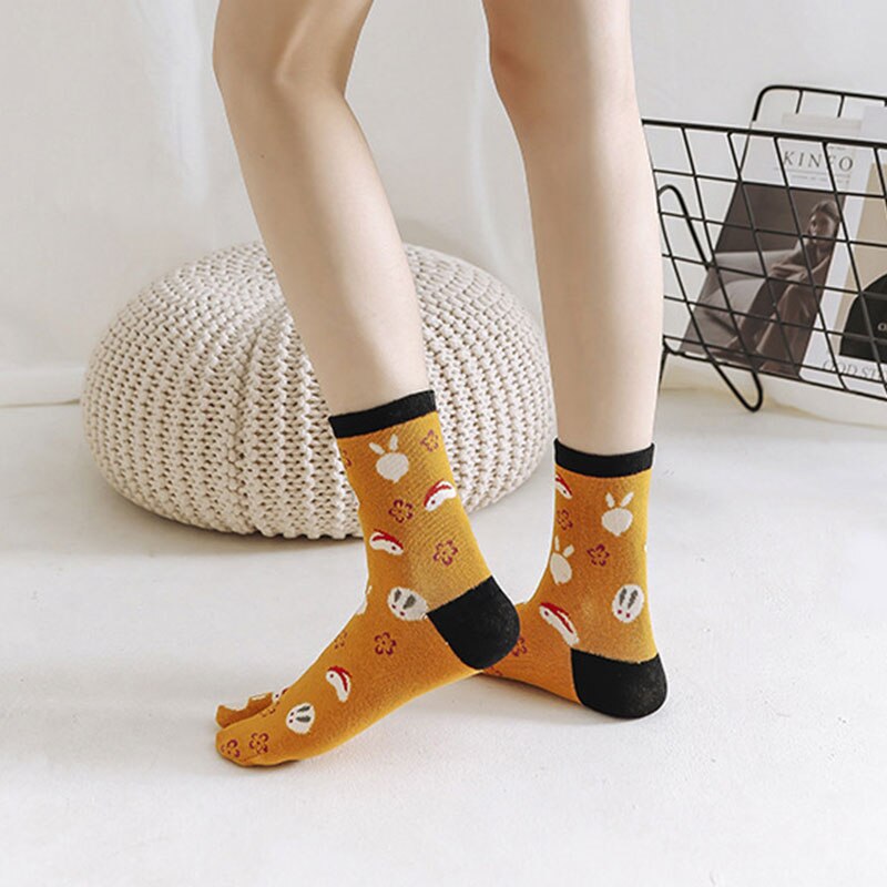 Tongs Kimono en coton à deux orteils pour femmes, chaussettes de sandales Tabi, chaussettes à orteils fendus, Tube central Animal de dessin animé