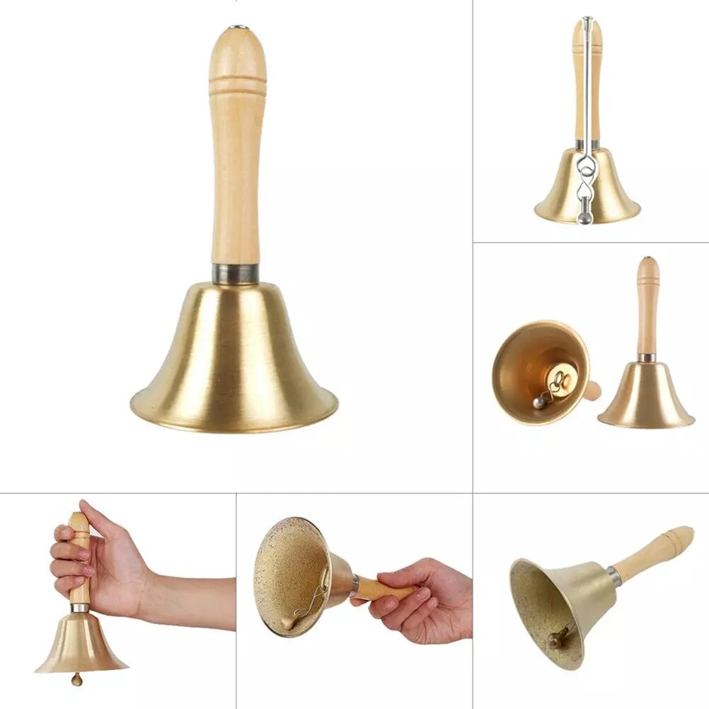 Brass Hand Bell Loud Call Bell Handbell Desk Ringbell with Wooden Handle for Wedding Festival Decoration Food Line Alarm Hotel